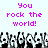 Pixelated text reads 'You rock the world!' in bright pink above a of black-and-white pixelated figures with raised hands