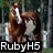 Pixelated image of a brown dog with white markings standing in front of blurred green and gray background, text "RubyH5" at bottom.