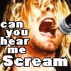 A static image shows a person with long blonde hair singing into a microphone, with overlaid text reading "can you hear me Scream" in pixelated white font.