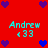 Red background with cyan text "Andrew" and "<33" repeated four times, surrounded by purple and blue pixel hearts in a pattern