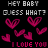 Pixelated static image with black background featuring text and multiple pink heart shapes in various orientations.