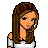 Pixel art of a woman with long brown hair in an off-shoulder white top, shown across with text elements and body parts