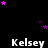Black background with repeated white text 'Kelsey' and scattered purple and pink stars, some stars animate to change color from purple to pink.