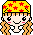 Pixel art avatar with yellow headband, red stars, blonde hair, pink cheeks, and two facial expressions.