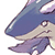 Pixelated cartoon character head with blue and purple hair, large eye, and light-colored face against white background.