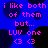 Pixelated blue background with pink text reading "i like both of them but... LUV one <3 <3" and black circular shapes scattered throughout.