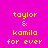 Pixelated text on a bright pink background with orange rectangular overlays, displaying 'taylor & kamila for ever' in yellow block letters.