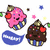 Animated pixel art of two smiling cupcakes with pink and chocolate frosting, blue striped wrappers, and red cherry toppings, with a blue speech bubble reading 'HAPPY' and scattered star shapes.