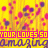 Yellow background with pink and purple floral patterns, repeating text "YOUR LOVES SO" in red and "amazingdamaging" in dark blue.