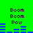 Green background with repeated 'Boom' and 'Pow' text above blue horizontal bar graphs that change shape across frames.