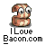 A pixelated bacon strip character with eyes and mouth, displayed in multiple poses above text reading 'ILoveBacon.com' on a gray background.