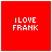 Red square icon with 'I LOVE FRANK' text; green highlights shift across letters and white dots form a falling pattern below.