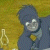 Pixelated figure in dark blue attire with a light-colored circular object, set against a yellow-green gradient background with a partial light-colored symbol on the left.