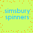 Light green background with orange pixel dots scattered , displaying four identical blue text blocks reading 'simsbury spinners' in a