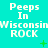 A static image with cyan background displaying repeated text "Peeps In Wisconsin ROCK" in white pixelated font, interspersed with small green plus and X symbols.