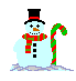 Pixelated snowman with black top hat, red-green striped scarf, and green-red candy cane, standing on snowy ground against gray background.