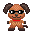 Pixelated dog-like character with brown fur, dark brown ears, black glasses, and a red collar; left version has closed mouth, right version has open mouth with pink tongue.
