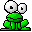 Pixelated green creature with large white eyes and black pupils, seated in a crouched pose against gray background.