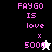 Pixelated text 'FAYGO IS love x 5000' with a star symbol, displayed on black, gray, and white backgrounds in different frames.
