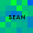 Pixelated green and blue background with four instances of the text 'SEAN' in black block letters positioned at top-left, top-right, bottom-left, and bottom-right