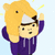Pixelated character in purple hoodie and yellow bear hat with raised arms, light blue background with small white dots.