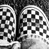 Black-and-white checkered slip-on shoes with white rubber soles and visible laces, positioned on a textured surface.