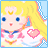 Pixelated character with blonde hair, blue eyes, and a pink heart-shaped prop, wearing a white and pink outfit with a blue collar, against a light blue background.