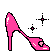 Pixelated pink high-heeled shoes with white accents and black outlines on a gray background, accompanied by small star-like sparkles.