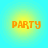 Four identical circular icons with yellow-orange gradient backgrounds display the word 'PARTY' in orange pixelated text, arranged in a on a cyan backdrop