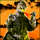 A pixelated creature with red eyes and a textured gray-green body breathes orange-yellow fire against an orange sky background.