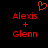 Red pixelated text 'Alexis + Glenn' on black background with orange heart symbol above, two identical static frames side-by-side.