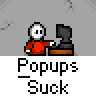 Animated contact sheet of a pixel art buddy icon showing a character interacting with pop-up windows, including text changes and motion effects across 25 sampled frames.