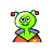 Pixelated green alien character with red antennae tips, white helmet stripe, purple shoulder pads, and orange lower body against gray background.