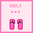 Pixelated pink icon with 'EMILY' text, three small hearts below, and two identical pink rectangular shapes resembling shoes or boots.