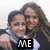 Two people pose together in a of four with text overlays changing sequentially