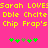 Pixelated yellow text on bright pink background with green and brown pixel symbols below, showing repeated patterns of 'Sarah LOVE', 'Dble Chelte', and 'Chip Frop's' in a