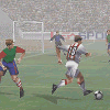 Animated soccer game sequence showing players on field, goalkeepers defending goals, and repeated 'GOOOL!!' text overlay in green.