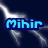 Pixelated blue text 'Mikir' on dark background with white light streaks, static image.