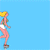 Animated sequence of a blonde woman in a green top and white shorts running past a dark green pole against a light blue background.