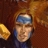A pixelated figure with a blue headband, closed eyes, and a slight smile, holding a golden object against a brown background.