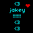 Pixelated cyan text and symbols on black background with red heart and starburst animations.