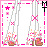 Animated contact sheet of a pixel art character with long brown hair, rainbow chest emblem, and pink text phrases on white background with pink stars.