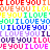 A 50x50 pixel animated buddy icon featuring repeated "I LOVE YOU" text in rainbow colors across multiple frames with subtle color shifts between frames.