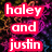 Pixelated text in red boxes with white lettering reads 'haley and justin will be together FOREVER' over a dark, colorful abstract background.