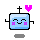 Pixel art robot with blue body, pink cheeks, black limbs, and a cross on its head; two states show heart above left or right side.