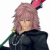 Pixelated character with pink hair and red ears, wearing black clothing against a white background.