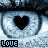 nine pixelated eye icons with heart-shaped pupils, displaying text labels 'LOVE', 'AT', and 'FIRST' in the top