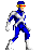 Pixelated character in blue and white suit with red-yellow visor performing four distinct poses against gray background.