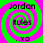 Four identical display a green and pink spiral background with black text reading "Jordan Rules ...XO" in each
