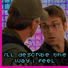 Two side-by-side show a person in a dark green jacket and brown cap facing another person with glasses, against a pixelated blue and purple background with a pink heart shape